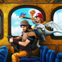Super Mario dressed as a medieval knight riding a pterodactyl in the back of a bus, Baroque painting